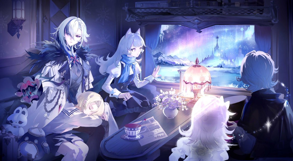 LTanuko39831's tweet photo. Snezhnaya is finally here.

While we're waiting for more of Arlecchino's story, I painted one of my own.

Her first journey to Snezhnaya with young Lyney, Lynette, and Freminet.

I believe that, in the days never shown on screen, they lived moments like this too.

Long before Snezhnaya was officially revealed, I always imagined Arlecchino traveling between Fontaine and Snezhnaya by train.

When the trailers confirmed that Snezhnaya really had railways, I couldn't stop smiling.

It felt like this painting had finally found the moment it had been waiting for.

Freminet falls asleep on Father's lap.

Lynette quietly watches the snow outside.

 Lyney seems just as captivated by the view ahead.

And there's one more passenger.

Someone who never had the chance to see the aurora.

But this time...
No one is left behind.

I love drawing the moments between the stories.

Not to rewrite canon—

but to gently fill in the quiet moments it leaves untold.

So...

Come aboard.

Let's take this journey together.

This painting is my little ticket for everyone who's still looking forward to more of Arlecchino's story. 

P.S. Freminet.

Please share Father's lap.

Every Arlecchino fan deserves at least one turn！

#GenshinImpact #Arlecchino #HouseoftheHearth #Father #Freminet #Lyney #Lynette #Snezhnaya