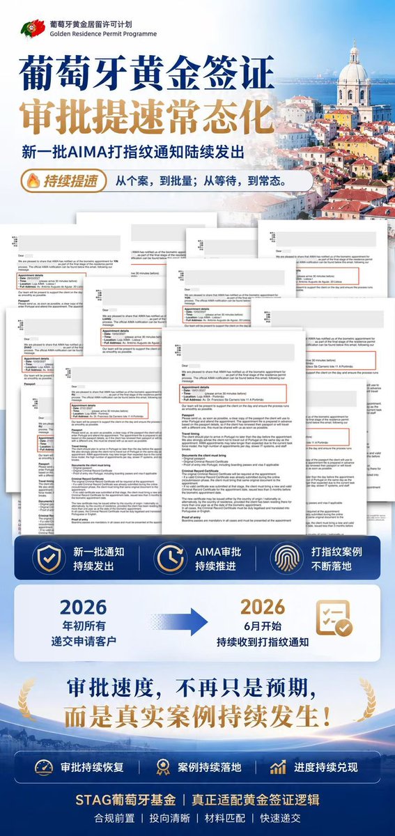 999922Com's tweet photo. 📢又一批！AIMA 打指纹通知！
🇵🇹STAG葡萄牙基金26年初递交
✅全部获批｜平均时长约3个月
📌从个案到批量，从等待到常态
⚡️真实案例落地，审批节奏持续兑现 https://t.co/I5x0cHU8Xs
