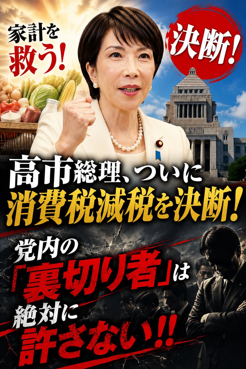 tetsuya_00x's tweet photo. 高市総理、ついに消費税減税を決断！ 
党内の「裏切り者」は絶対に許さない！！

1．はじめに：日本の命運をかけた大勝負

今、自民党の内部で、目を疑うような卑劣な裏切りが白日の下にさらされようとしています。

日本が財務省の言いなりになって沈没するのか、それとも国民の生活を救うのかという、まさに国家の命運をかけた大決戦が幕を開けました。

高市総理が国民との約束（公約）を果たそうと必死に汗を流す背後から、自らの保身と利権を守ろうとする勢力が容赦なく牙を剥いています。

誰が本当の国民の敵であり、誰が未来を売り渡そうとしているのか、その真実を今こそ見極めなければなりません。

2．野党の豹変と「公約」軽視の実態

食料品の消費税を0％にするための国民会議が、野党側の身勝手な主張によって決裂するという最悪の事態を迎えました。

特に国民民主党の古川元久氏が見せた、上から目線のコメントは国民を愚弄しているとしか思えませんでした。

古川氏は、与党が最後まで「公約」にこだわったことが残念だと、政治家としての正気を疑うような言葉を吐き捨てました。

選挙における国民との重い契約であるはずの公約を守る姿勢を「残念」と切り捨てるのは、主権者に対する明白な裏切り以外の何物でもないでしょう。

3．高市総理が提示する「執念」の減税パッケージ

高市総理は、レジシステムの改修に要する時間という現実的な壁を考慮し、消費税1％に給付金を組み合わせる「実質0％」案を提示しています。

これは単なる耳当たりの良い理想論ではなく、一刻も早く国民を救いたいという執念が生んだ、極めて合理的な政策パッケージとみるべきでしょう。

財務省が泣いて喜ぶような、小手先の給付金だけでお茶を濁そうとする野党の姑息な対応とは、誠実さの次元が決定的に違います。

高市総理がいかに愚直に、そして泥臭く国民との約束を死守しようとしているかが、この妥協なき提案から痛いほど伝わってきます。

しかし、この救国の策を阻もうとする巨大な壁は、野党という外部だけに存在するのではありません。

4．自民党内に潜む「財務省の犬」と緊縮派の抵抗

自民党の内部にも、国民の窮状を無視して財務省の顔色をうかがう「緊縮増税派」が根深く潜んでいます。

中谷元氏らは「財源がない」「国際的な信用を落とす」などといった使い古された屁理屈を持ち出し、総理の減税方針に真っ向から冷や水を浴びせました。

インフレの影響で税収が9兆円も上振れしている現状は、国民を合法的に収奪する「インフレ増税」に他なりません。

この莫大な増収分の一部を国民に還元する当然の義務を拒む連中は、まさに財務省の犬と化していると言わざるを得ないでしょう。

さらに言えば、党内の抵抗勢力による卑劣な足の引っ張り合いの背後には、さらにドス黒い闇が潜んでいます。

5．背後に見える中国の影と「反高市」の構図

さらに戦慄すべきことに、この政争の裏では日本を弱体化させようとする隣国の影が、不気味に蠢いています。

中国大使館が、対中強硬派の高市総理を追い落とすため、小渕優子氏を中心とした「反高市」陣営を招き、密談を行っていたという驚愕の情報が飛び込んできました。

日本を経済的に衰退させたい緊縮派と、中国に寄り添う媚中派が、高市総理という共通の敵を倒すために醜い共闘を演じている可能性があるということです。

恐ろしい事ですね。

森山裕氏、岸田文雄氏、石破茂氏、そして岩屋毅氏といった反高市の面々が、財務省の意向をそのまま口にする姿は、国家の自立を危うくする深刻な事態とも言えるわけです。

この絶望的な包囲網の中で、政治家としての真価が問われる決戦の舞台は、平場（開かれた議論の場）へと移ります。

6．裏切り者をあぶり出し、審判を下そう！

全議員が参加してガチンコで意見を戦わせる「平場」の会議は、議員たちの正体を暴き出すリトマス試験紙となります。

積極財政派の旗振り役だったはずのあの西田昌司氏までもが、「現場が混乱する」などと難癖を付けて減税反対に回るという、異常な変節が起きています。

国旗損壊罪法への反対など、最近の西田氏の不可解な言動は、彼がもはや日本国民の味方ではない可能性を強く示唆しています。

誰が国民のために戦い、誰が利権や他国の意向を優先する「裏切り者」なのか、私たちは将来の選挙に備えてその実名を克明に記録しておくべきでしょう。

自らのバッジを公約の重みで手に入れたことを忘れ、総理を裏切った議員たちには、次回の選挙でひとり残さず落選させるくらいの厳しい審判を下さねばなりません。

7．おわりに：国民の声が腐りきった構造を打ち破る

高市総理は今、巨大な既得権益や外国勢力を相手に、孤独で過酷な戦いを強いられています。

この腐りきった政治構造を打ち破る唯一の方法は、私たち国民一人ひとりが声を上げ、総理を支える強固な防波堤となることです。

財務省や中国という高い壁に挑む高市政権の成否が、私たちの子供や孫、あるいはそれ以降の世代の命運を決定づけるのです。

国民との公約を守るために、日本の政治史上初めて消費税の減税に踏み切る決断を下した勇気ある高市総理をこれからも強く応援していきましょう！