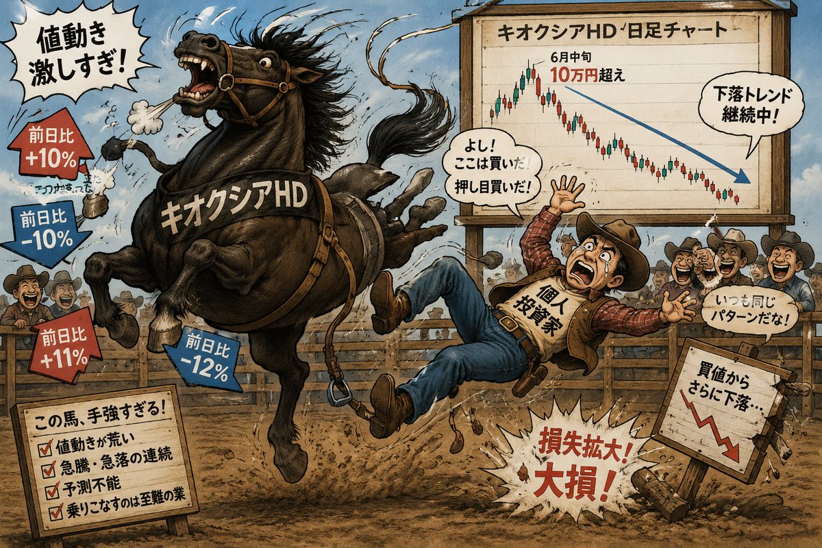 yno2001's tweet photo. 暴れ馬→値動きが荒いキオクシアHD
カウボーイ→キオクシアHDの底値を当てて買いで入ろうとする個人投資家 https://t.co/A5dyAWFD2y