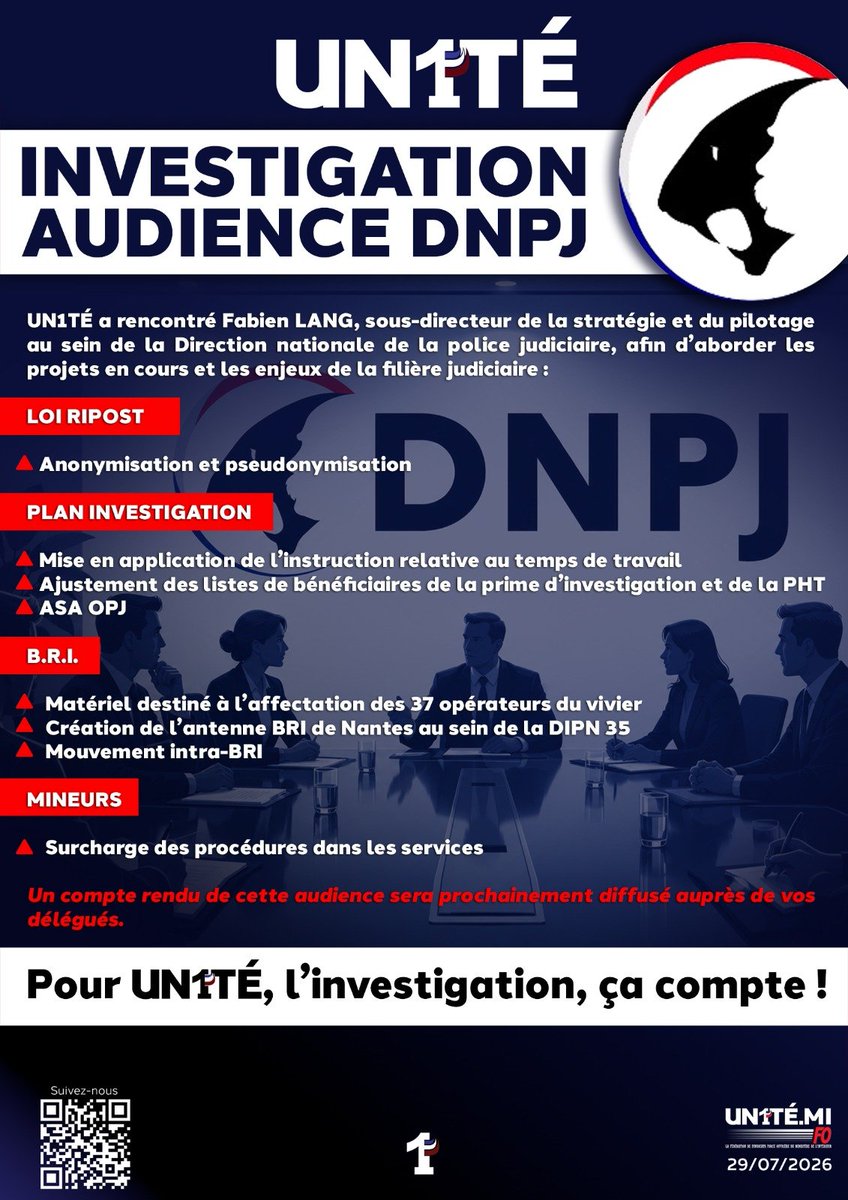 UN1TE_policenat's tweet photo. INVESTIGATION

AUDIENCE DNPJ

UN1TÉ a rencontré Fabien LANG, Ss-directeur de la stratégie et du pilotage au sein de la Direction National de la Police Judiciaire, afin d’aborder les projets en cours et les enjeux de la filière judiciaire :

- LOI RIPOST 
Anonymisation/Pseudonymisation 

- PLAN INVESTIGATION
Mise en application de l’instruction Temps de Travail   
Ajustement des listes de la prime investigation et la PHT 
ASA OPJ

- B.R.I. 
Matériel pour l’affectation des 37 opérateurs du vivier
Création de l’antenne BRI NANTES au sein de la DIPN 35  
Mouvement Intra-Bri

 MINEURS
Surcharge des procédures dans les services

Pour UN1TÉ, L’Investigation, ça compte !

Compte-rendu de cette audience prochainement auprès de vos délégués