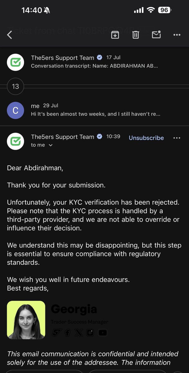BarreEleven's tweet photo. I believe my account was treated unfairly by The5ers during the verification process. I successfully passed my evaluation account on 9 July and was ready to proceed with KYC verification. I submitted the same government-issued identification documents that were successfully verified and accepted by both FundedNext and FTMO. However, The5ers rejected my verification without providing a clear explanation or any specific reason.

What made the experience even more frustrating was the lack of customer support. After reaching out multiple times, I did not receive a meaningful response for almost 20 days. I sent another follow-up message on 29 July, and only then did I receive a reply stating that the KYC had been rejected by a third-party provider, without explaining why my valid documents were declined or offering any opportunity to resolve the issue.

As a trader who successfully passed the evaluation, I expected a transparent, fair, and timely verification process. Instead, I experienced poor communication, long delays, and a rejection with no clear justification. I respectfully request a transparent review of my case and a detailed explanation for the KYC rejection so that this matter can be resolved fairly. @the5erstrading 
My account number : 26515805
#CasebarreEleven