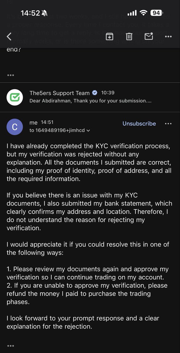 BarreEleven's tweet photo. I believe my account was treated unfairly by The5ers during the verification process. I successfully passed my evaluation account on 9 July and was ready to proceed with KYC verification. I submitted the same government-issued identification documents that were successfully verified and accepted by both FundedNext and FTMO. However, The5ers rejected my verification without providing a clear explanation or any specific reason.

What made the experience even more frustrating was the lack of customer support. After reaching out multiple times, I did not receive a meaningful response for almost 20 days. I sent another follow-up message on 29 July, and only then did I receive a reply stating that the KYC had been rejected by a third-party provider, without explaining why my valid documents were declined or offering any opportunity to resolve the issue.

As a trader who successfully passed the evaluation, I expected a transparent, fair, and timely verification process. Instead, I experienced poor communication, long delays, and a rejection with no clear justification. I respectfully request a transparent review of my case and a detailed explanation for the KYC rejection so that this matter can be resolved fairly. @the5erstrading 
My account number : 26515805
#CasebarreEleven