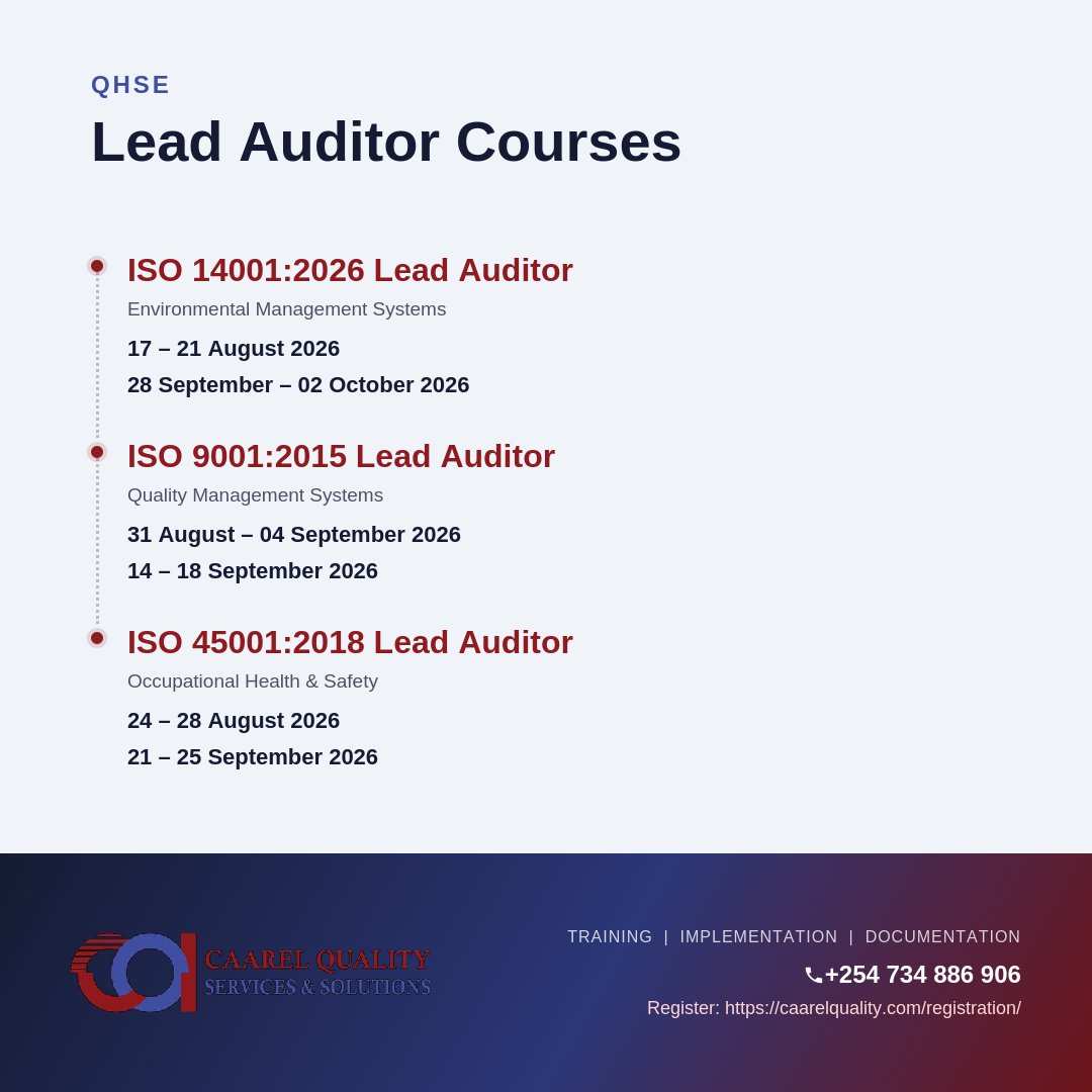 caarelquality's tweet photo. Strengthen professional competence and auditing capability in QHSE management systems.  Our Aug–Oct 2026 calendar features ISO Lead Auditor &amp; Internal Auditor courses, led by expert trainers via live virtual sessions. Book now 👉 https://t.co/OcA3WMuGgU #CaarelQuality #QHSE #ISO https://t.co/5KqmGHfIgM