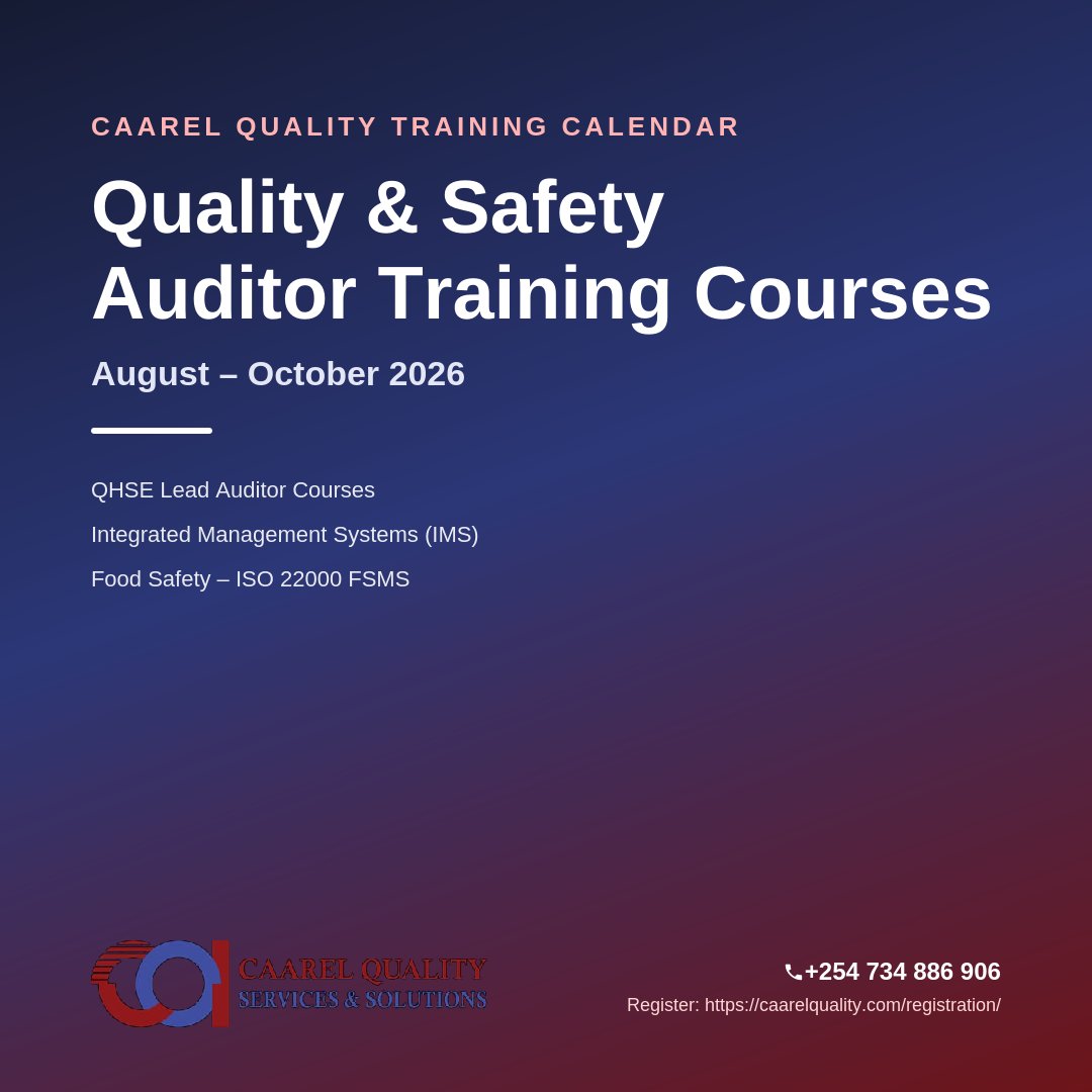 caarelquality's tweet photo. Strengthen professional competence and auditing capability in QHSE management systems.  Our Aug–Oct 2026 calendar features ISO Lead Auditor &amp; Internal Auditor courses, led by expert trainers via live virtual sessions. Book now 👉 https://t.co/OcA3WMuGgU #CaarelQuality #QHSE #ISO https://t.co/5KqmGHfIgM