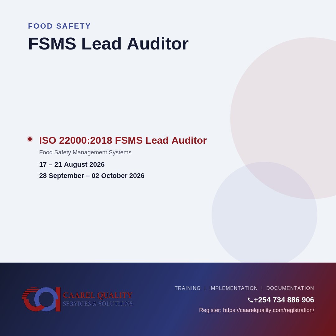 caarelquality's tweet photo. Strengthen professional competence and auditing capability in QHSE management systems.  Our Aug–Oct 2026 calendar features ISO Lead Auditor &amp; Internal Auditor courses, led by expert trainers via live virtual sessions. Book now 👉 https://t.co/OcA3WMuGgU #CaarelQuality #QHSE #ISO https://t.co/5KqmGHfIgM