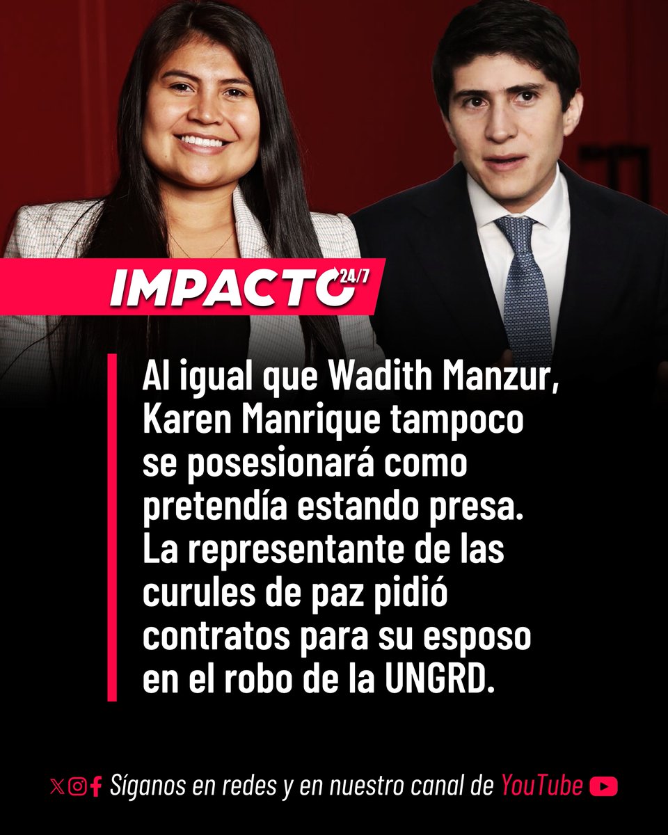 Impacto24_7's tweet photo. 🚨🇨🇴 TAMPOCO SE POSESIONA | Karen Manrique, representante petrista reelecta por las Citrep (curules de paz), no podrá posesionarse. Detenida por su participación en el robo dentro de la UNGRD por el direccionamiento de contratos de obras públicas a favor de su esposo, Gustavo González, Manrique solicitó un juramento virtual. No obstante, la Secretaría General de la Cámara rechazó la petición amparada en la Ley 5 de 1992. La medida sigue el mismo precedente del Senado con el criminal Wadith Manzur, imposibilitado por la misma causa.