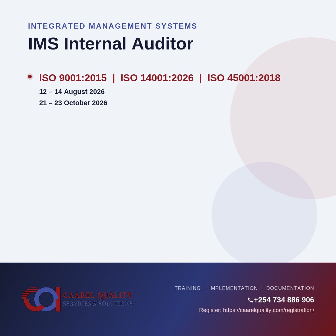 caarelquality's tweet photo. Strengthen professional competence and auditing capability in QHSE management systems.  Our Aug–Oct 2026 calendar features ISO Lead Auditor &amp; Internal Auditor courses, led by expert trainers via live virtual sessions. Book now 👉 https://t.co/OcA3WMuGgU #CaarelQuality #QHSE #ISO https://t.co/5KqmGHfIgM
