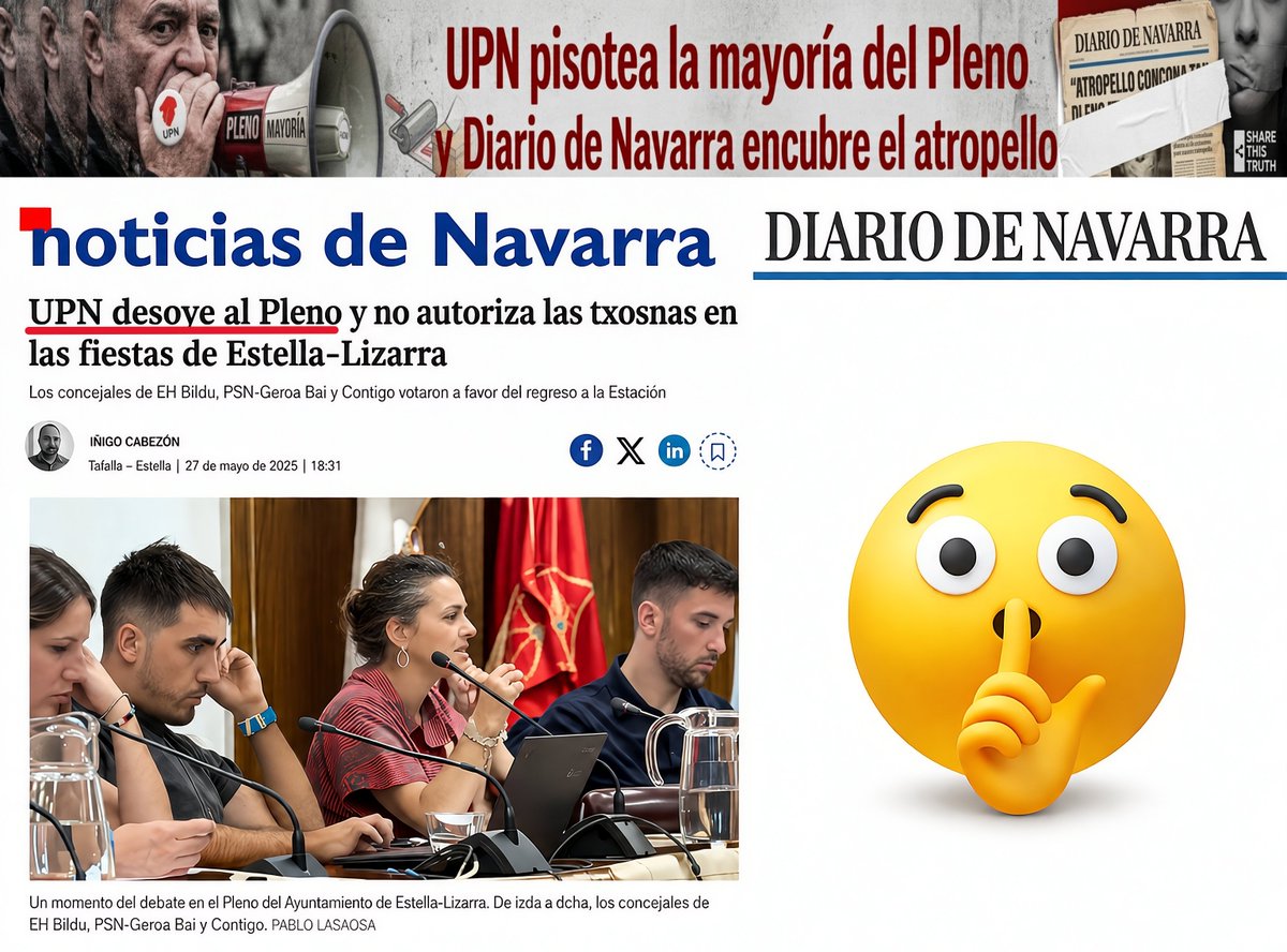 DiabloNavarra's tweet photo. El concepto de "democracia" de UPN en Lizarra: pasarse por el forro la votación de la mayoría del Pleno para imponer su veto a las txosnas.

Y el concepto de periodismo de Diario de Navarra: tapar la vergüenza con un silencio cómplice. 🤫🚫

#Estella #Lizarra #Censura #Nafarroa https://t.co/7DlHkGBoUj