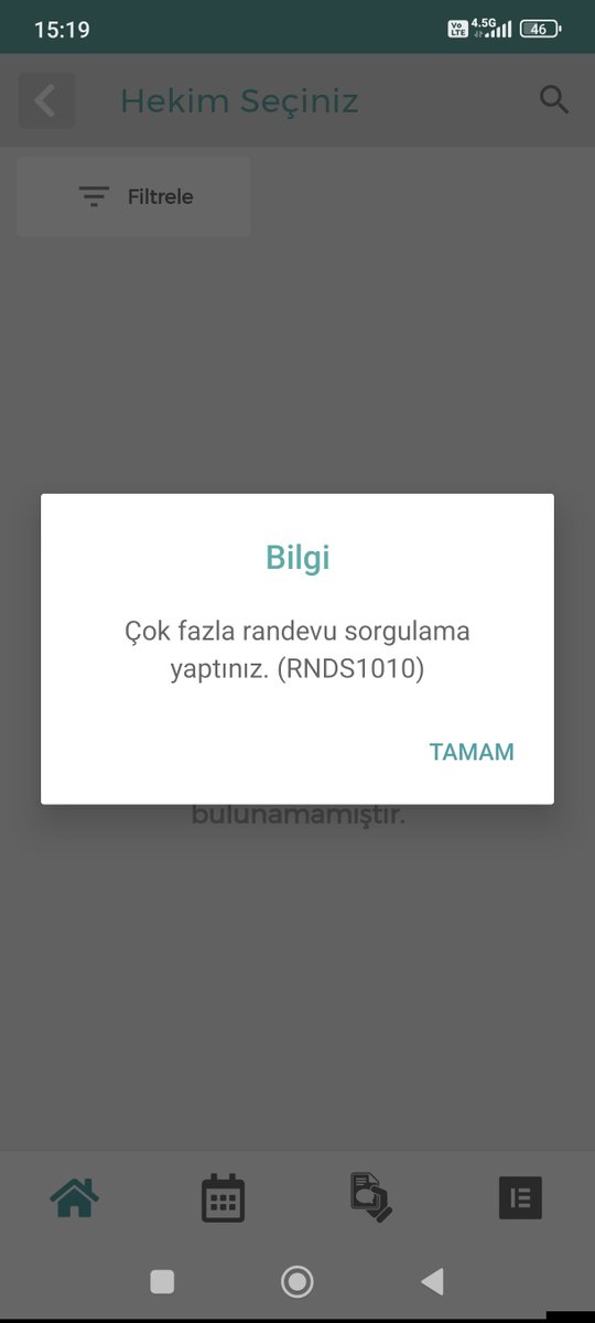 SnrrCaglar's tweet photo. @saglikbakanligi Ne kadar sacma sapan bir olay,doktorlara bakiyorum tek tek ayın 4 u icin randevu varmi diye 4.5. doktordan sonra bu uyari geldi ve sorgu yapamiyorum,siz delimisiniz nesiniz ya boyle bir kisitlama akla mantığa aykırı acilen degistirin bunu. https://t.co/fUVshAod7U