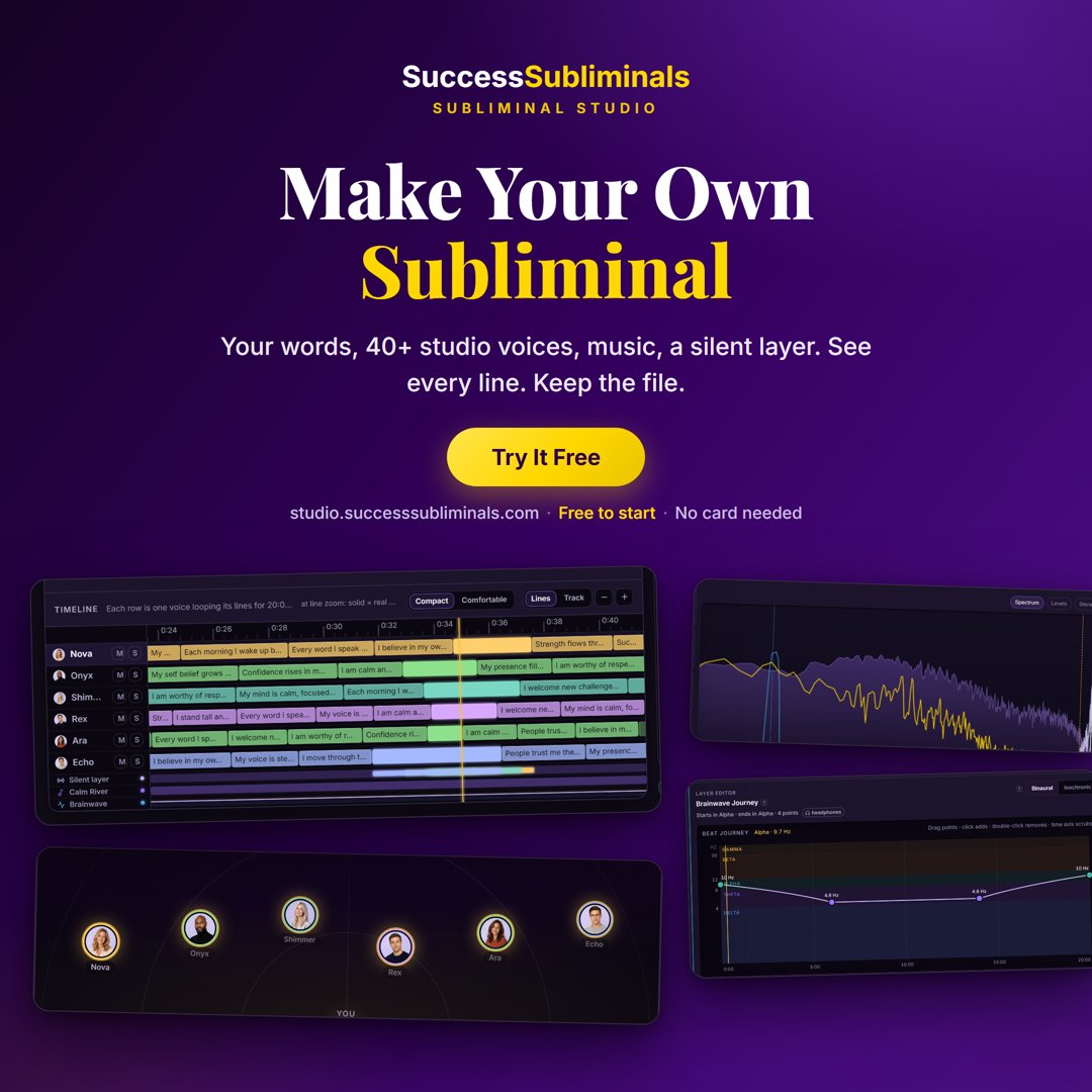 SuccessSubs's tweet photo. I spent the last months building this. The Subliminal Studio: write your affirmations or let the AI draft them, cast 40+ studio voices, layer them under music with a silent layer, and download the track. Yours to keep.

Free to start. No card needed. https://t.co/ULDxPgi10R