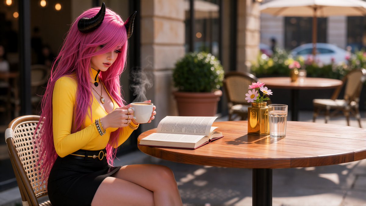 MakillaMusic's tweet photo. Sometimes the best way to find your voice is to get lost in someone else's words for a while. Finding my quiet centre between two chapters and a very warm cup of coffee today. 💛🖤📷

#Makilla #VirtualPhotography #VirtualArtist #VirtualModel #Krea2 #Gemma4 #ComfyUI #AI https://t.co/2HqdPhFqQ6