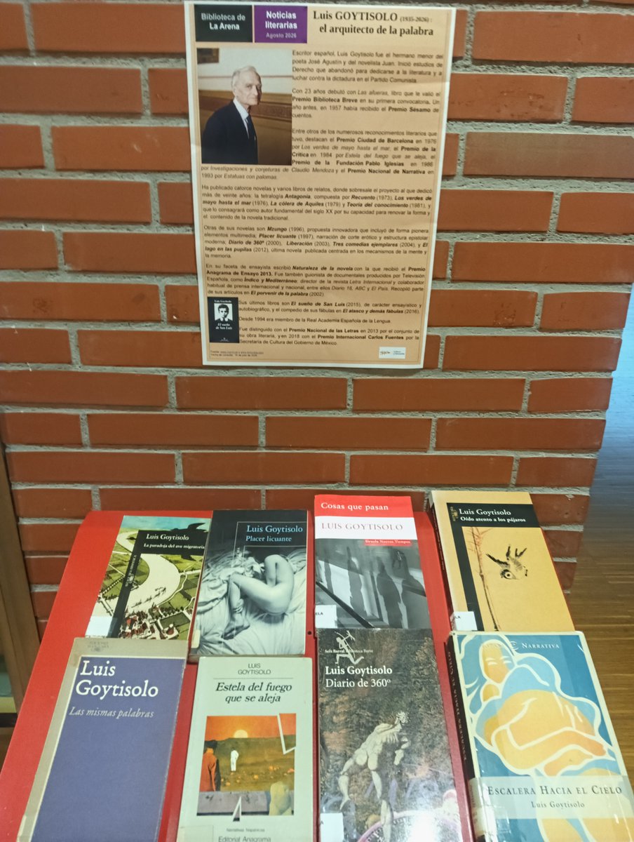 BibArenaGijon's tweet photo. Dedicamos #inmemoriam las #noticiasliterarias a #LuisGoytisolo , considerado como uno de los #escritores españoles más innovadores. ¡Disfruta de la #lectura de sus #libros en las #bibliotecasdegijon ! @Culturagijon #nosgustaleer📖#veranolector ☀️#exposicionesbibliográficas https://t.co/vLgf7eaDhI