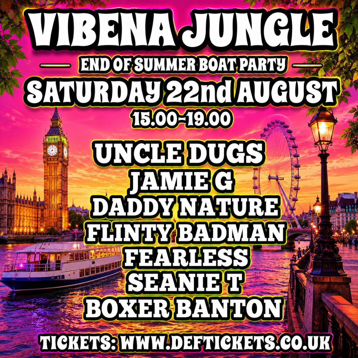 UncleDugs's tweet photo. 75% tickets already sold for the final Vibena Jungle boat party of the summer. 
110% oldskool jungle vibes.
You know how we do....

Dont get left on the pier.!

https://t.co/GCytHISHvu https://t.co/mnd4TugSzF
