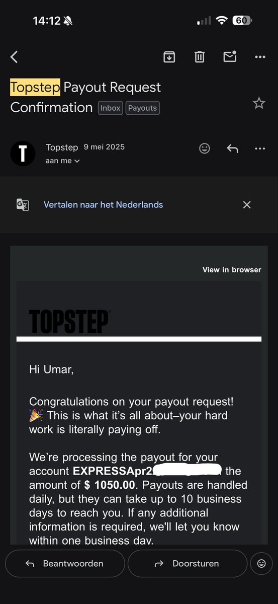 Screenshot linked from @umarmq's X post referencing a $1,050 Topstep payout request dated 9 May 2025.