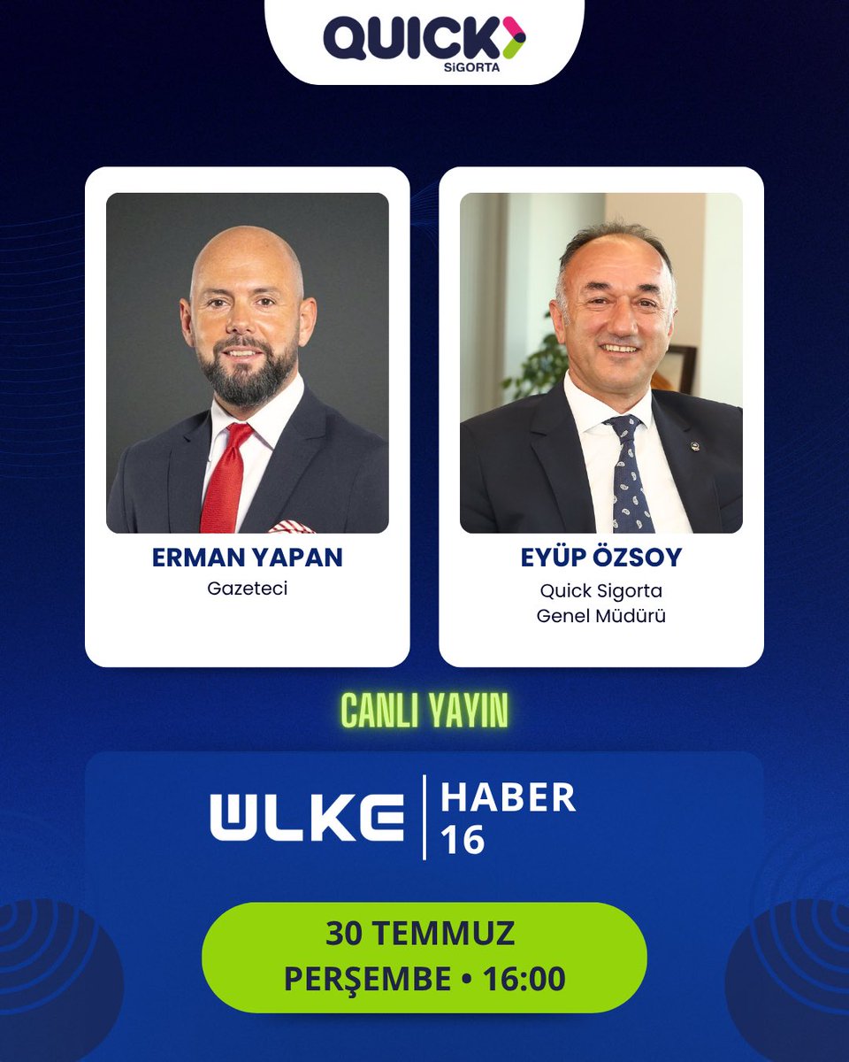 quicksigorta's tweet photo. Quick Sigorta Genel Müdürü Eyüp Özsoy, Erman Yapan’ın sunduğu “Haber 16” programının canlı yayınına konuk oluyor. 📺
#ÜlkeTV #QuickSigorta https://t.co/A4dpy45nnh