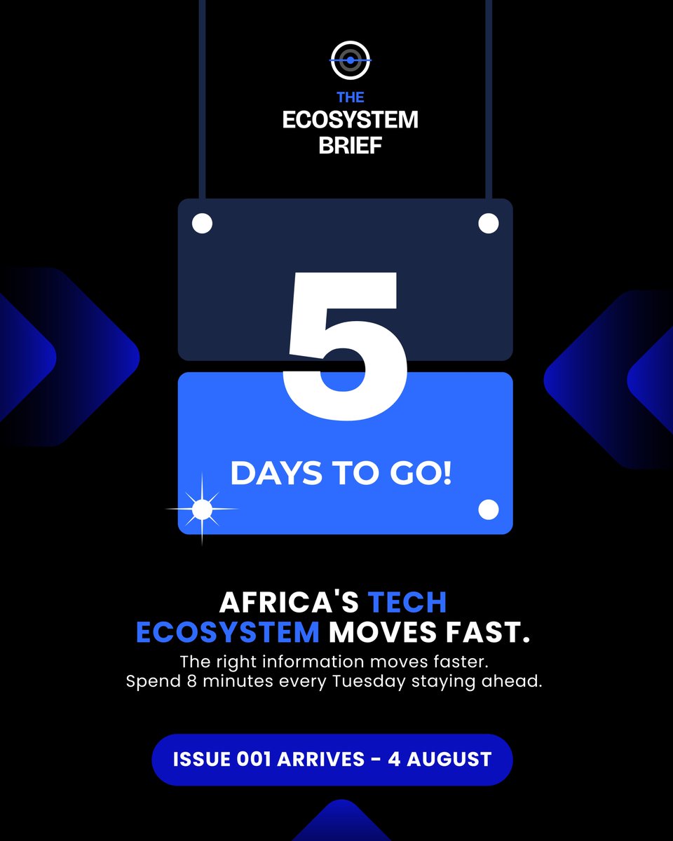 ecosystembrief's tweet photo. Africa's tech ecosystem moves fast.

The right information moves faster.

Spend 5–8 minutes every Tuesday staying ahead of AI, funding, startups, policy, deals, and opportunities shaping Africa's tech ecosystem.

Subscribe: https://t.co/U3KjFcydS1

#TheEcosystemBrief #AfricaTech https://t.co/fkV8m5zNLq