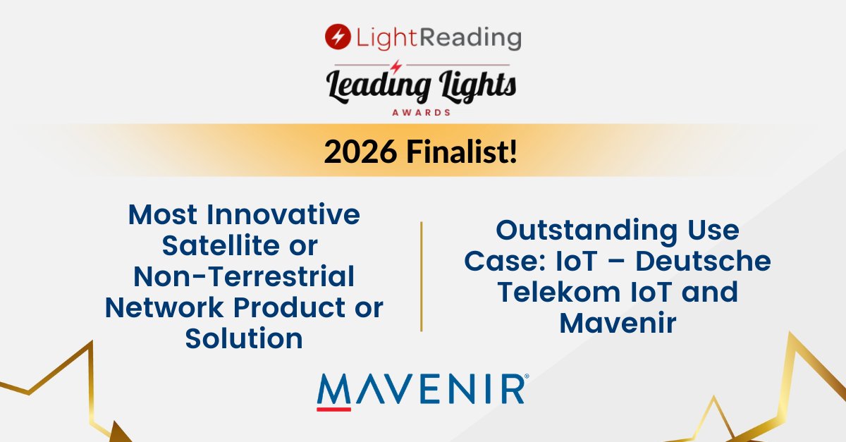 Mavenir's tweet photo. We are proud to be named finalist in two categories for the upcoming @Light_Reading Leading Lights Awards 2026.

1. Most Innovative Satellite or Non-Terrestrial Network Product or Solution 

2. Outstanding Use Case: IoT – Deutsche Telekom IoT &amp; Mavenir https://t.co/KZgBpLFEC8