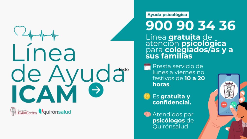 icam_es's tweet photo. 🔊En el ICAM cuidamos de tu salud mental.  

Llama a las #LíneasdeAyudaICAM cuando lo necesites, no estás solo/a.  

☎️900 90 34 36, línea de atención psicológica a colegiados y familias. https://t.co/QBdbgBiKXd
