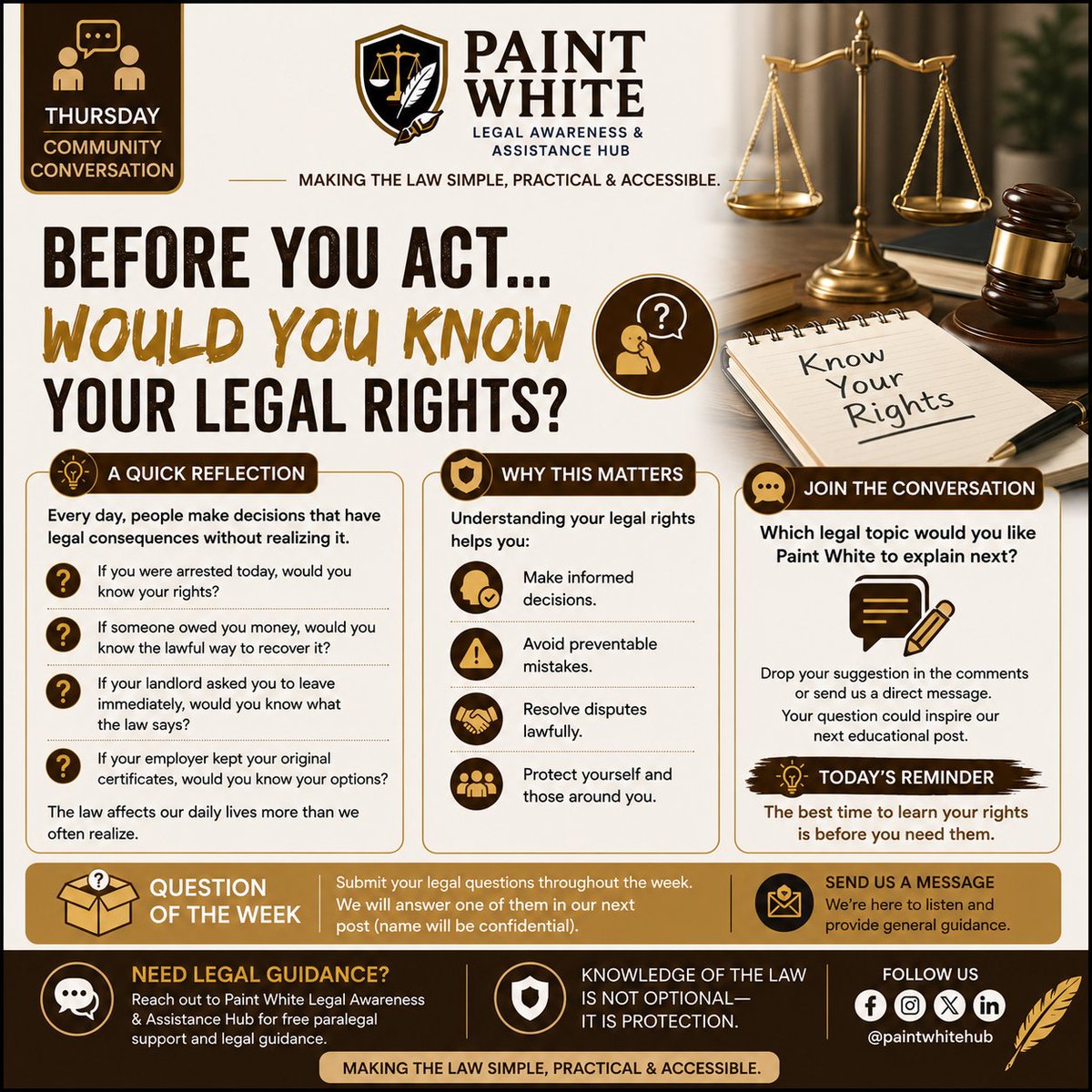 PaintWhite96132's tweet photo. The law is part of everyday life—not just the courtroom.
Many legal problems arise because people act before they understand their rights or obligations. https://t.co/MCCiMvyGtY