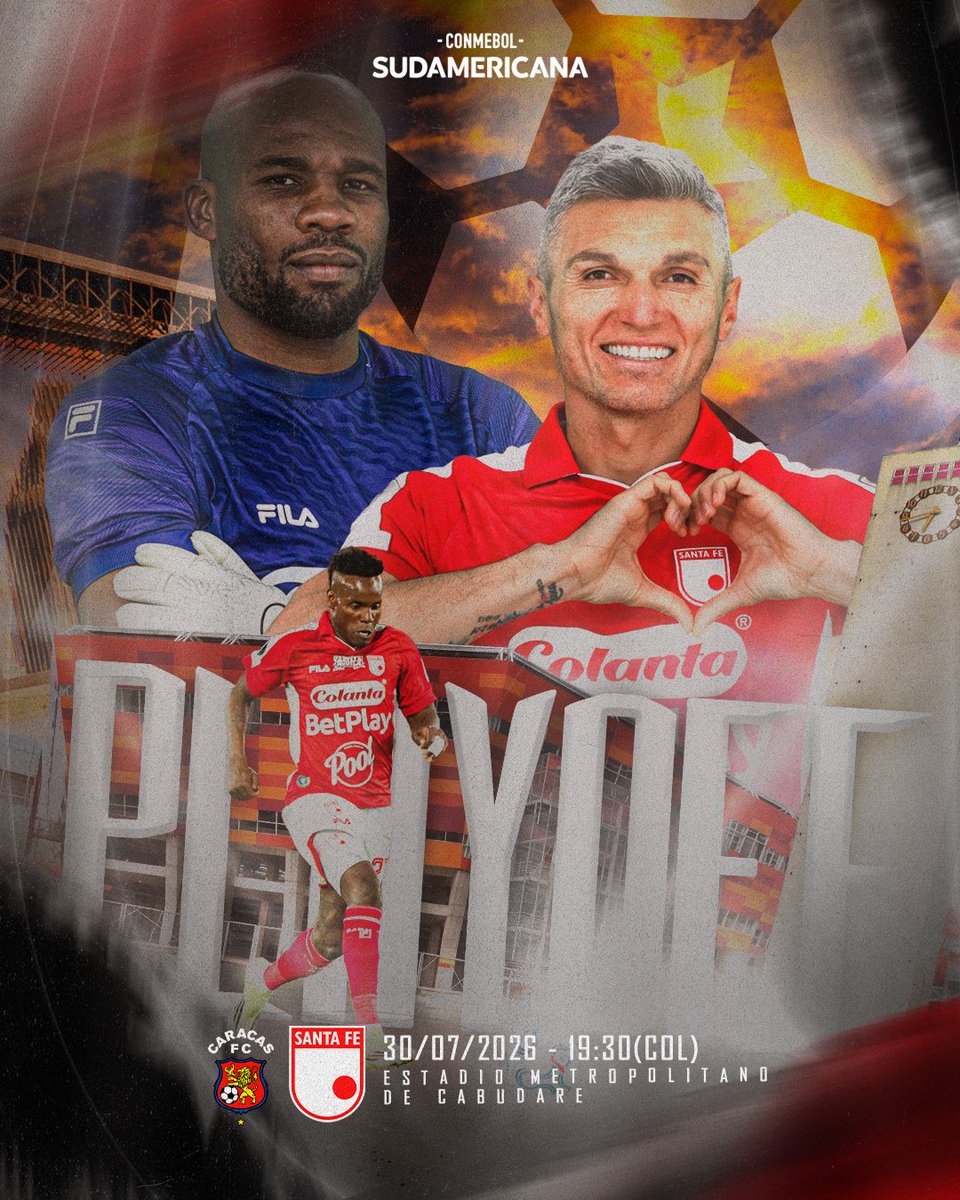 SantaFe's tweet photo. ¡Hoy juega el León 🦁, hoy tenemos los 90 minutos definitivos de los Playoffs de Sudamericana 🏆!

Desde las 19:30 (🇨🇴) visitamos a Caracas F.C. con garra, corazón y mucha FE ☝🏻❤️✨

#VamosSantaFe https://t.co/EG0FF6Eiuc