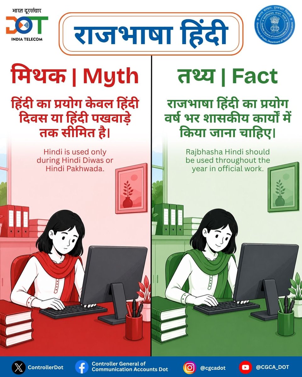 ControllerDot's tweet photo. 📢 मिथक-तथ्य 🤔

😂 हिंदी से मत कहिए... "फिर मिलेंगे अगले हिंदी दिवस पर!" 👋

✅ राजभाषा हिंदी का साथ पूरे साल निभाइए। 🇮🇳📝
💼 शासकीय कार्यों में हिंदी का प्रयोग वर्ष भर करें। ✍️

#राजभाषा #हिंदी #Hindi #Rajbhasha #OfficialLanguage #HindiForAllDays #CGCA #DoT

@PMOIndia @DoT_India @JM_Scindia @PemmasaniOnX @RajbhashaVibhag