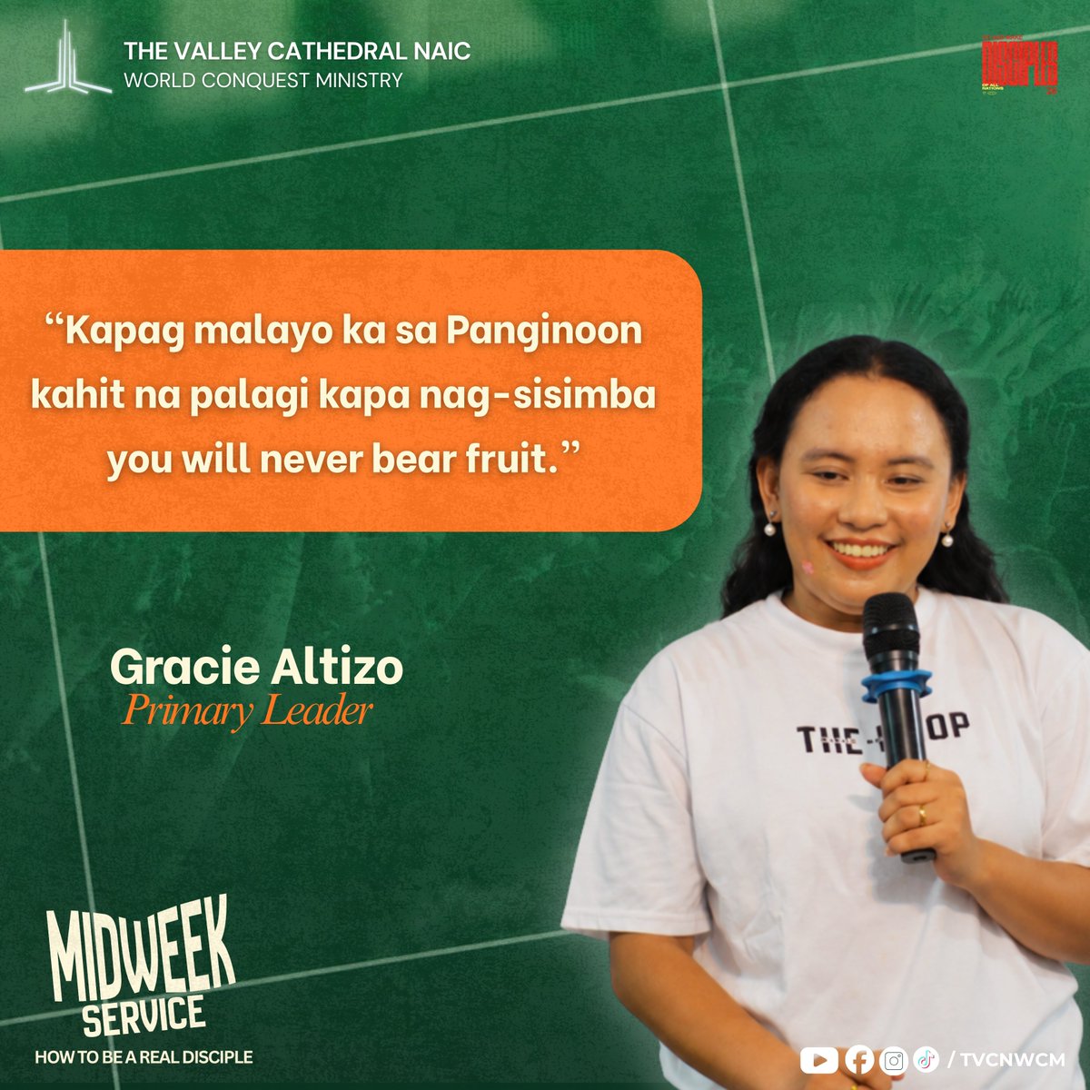 TVCNG12's tweet photo. "Kapag malayo ka sa Panginoon, kahit na palagi ka pang nagsisimba, you will never bear fruit."
—P12 Gracie Altizo

Be a disciple who doesn't just go to church—be a disciple who remains in Christ.

#MidweekService #HowToBeARealDisciple #RemainInTheVine #WinSoulAndMakeDisciple2026 https://t.co/5yfaRefC6E