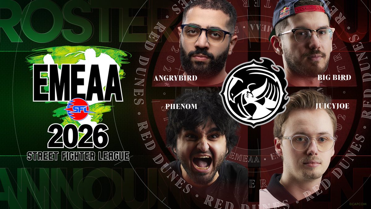 CapcomFighters's tweet photo. Say hello to the @RedDunesEsports roster for #SFLEMEAA2026 🏜️

🔹 @FGC_Angrybird
🔹 @Bigbird_fgc
🔹 @PhenomSF
🔹 @SundellJoel

This squad's ready to make some noise 👊 https://t.co/HPRyWqe5zJ