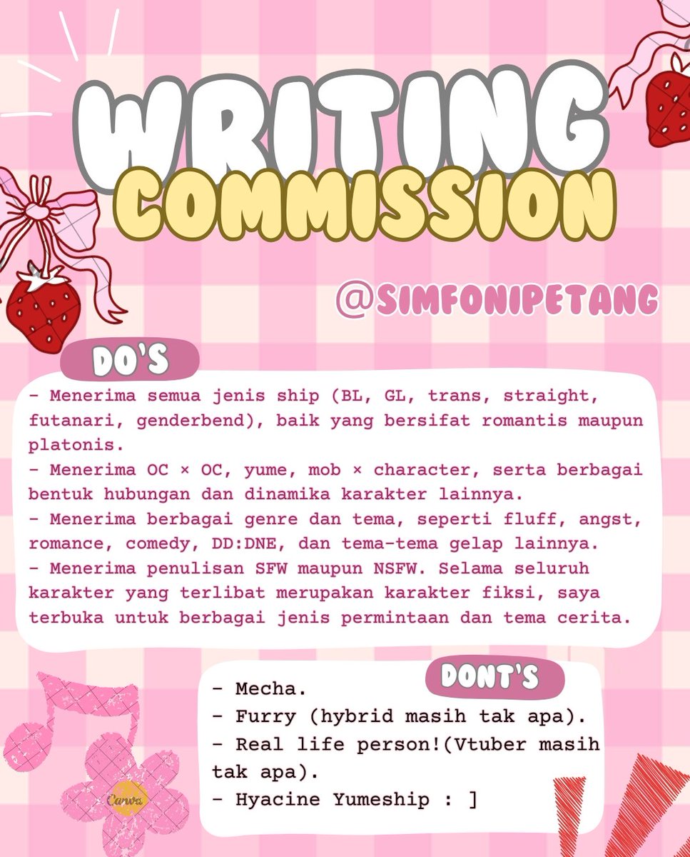Simfonipetang's tweet photo. [RT & LIKES ARE APPRECIATED]

Halo! Saya membuka writing commission yang akan tetap tersedia hingga maut menjemput saya—alias, tidak akan pernah tutup. 

Sebelum mengetuk DM saya, mohon luangkan waktu untuk membaca seluruh ketentuan dengan saksama agar tidak terjadi kesalahpahaman. Terima kasih atas pengertiannya!

(1/4)