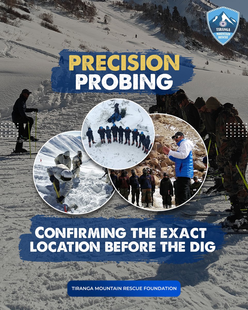 TMR_2026's tweet photo. 🔍❄️After a transceiver detects a signal, Tiranga Mountain Rescue teams use rescue probes in structured grid patterns to locate buried victims safely. Accurate probing enables fast and safe extraction.
#RescueGear #AvalancheSafety #TirangaMountainRescue #MountainTech https://t.co/bXiVkYN8VE