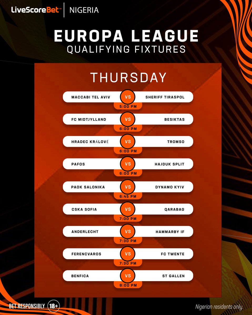 LivescorebetNG's tweet photo. 🚨 Matchday Alert! 🚨

The road to the Europa League continues. 🏆

Get in on the action and back your favourites today! ⚽🔥

⚠️ Nigerian residents only. 🔞
 #18+ #PlayResponsibly #europaleague #uel #europaqualifiers https://t.co/otSSlB9adA