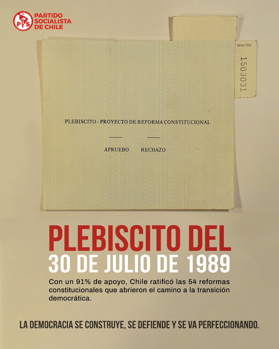 PSChile's tweet photo. 30 de julio de 1989: 85,7% dijo Apruebo y le dio otro combo a la dictadura. La democracia se construyó votando. Con memoria, la seguiremos defendiendo cada día. #PSChile #Democracia https://t.co/LpuLfeuG8J