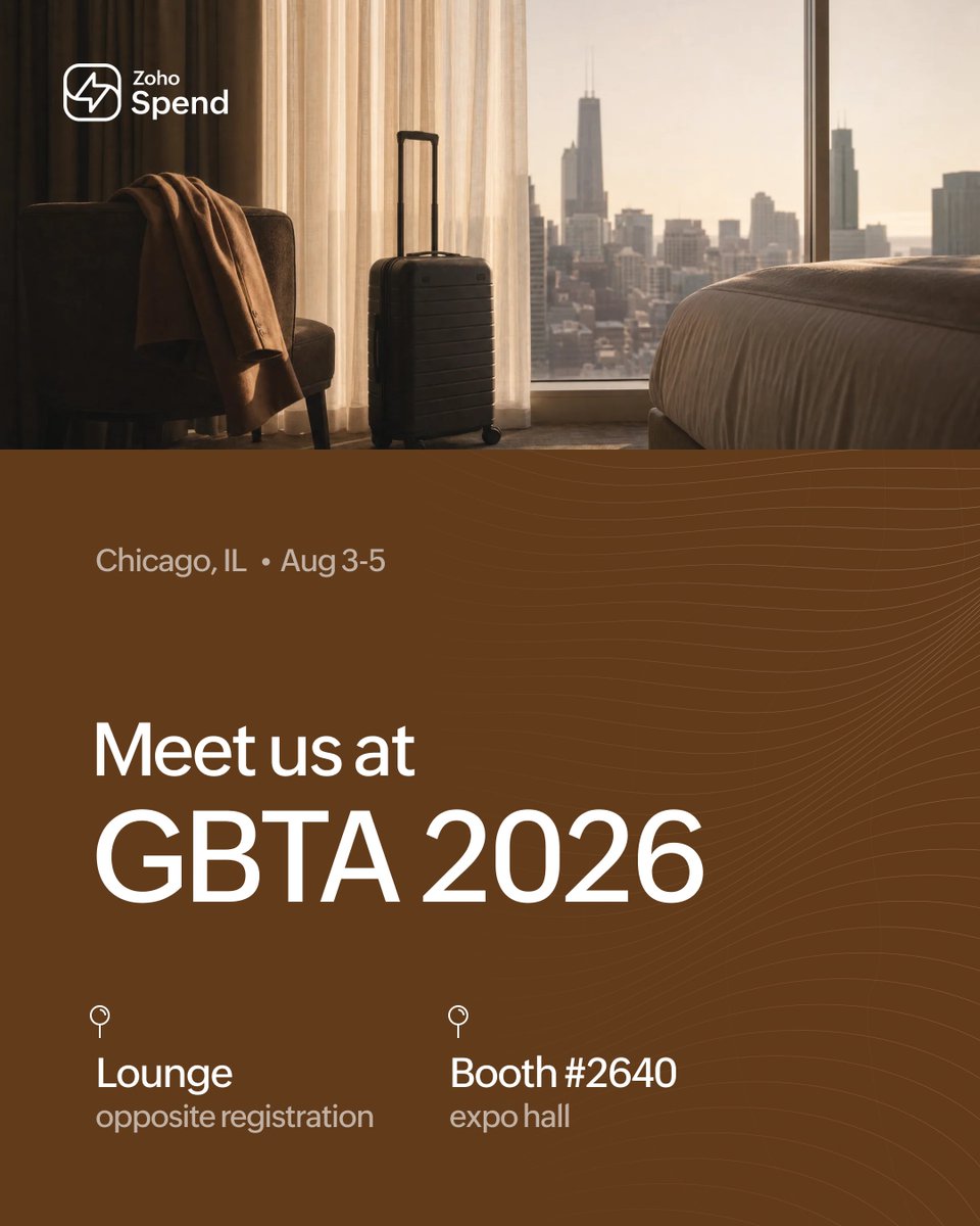 ZohoSpend's tweet photo. Meet us at #GBTAConvention2026!

See how Zoho Spend brings travel, expenses, and corporate cards together on one AI-powered platform.
Lounge opposite registration
Booth #2640

#GBTA2026 #BusinessTravel #ExpenseManagement #CorporateTravel https://t.co/S5hVk6kZ8S