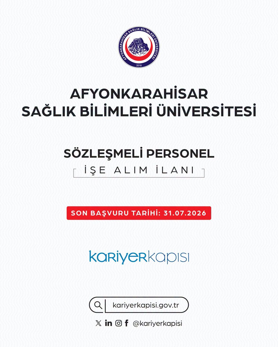 sbgplatformu's tweet photo. Afyonkarahisar Sağlık Bilimleri Üniversitesi Sözleşmeli Personel alımı gerçekleştirecektir.

🔗 https://t.co/TAXRIn1ZNf 
🗓️ Son Başvuru Tarihi: 31 Temmuz 2026

Afyonkarahisar Sağlık Bilimleri Üniversitesi
 #Kamuİlanları https://t.co/wHkykS3UI7