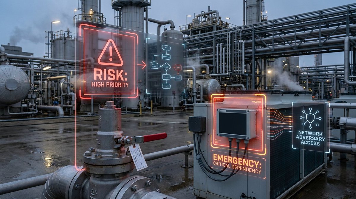 IIoT_World's tweet photo. A bypassed pressure relief valve scores 15 out of 25 on Esther Stepansky's Risk Priority Matrix, putting it in the Prioritize zone. An offline cooling sensor scoring 4 in both operational dependency and adversary leverage hits 16, which is Emergency. https://t.co/3BGHAgQ2Lv