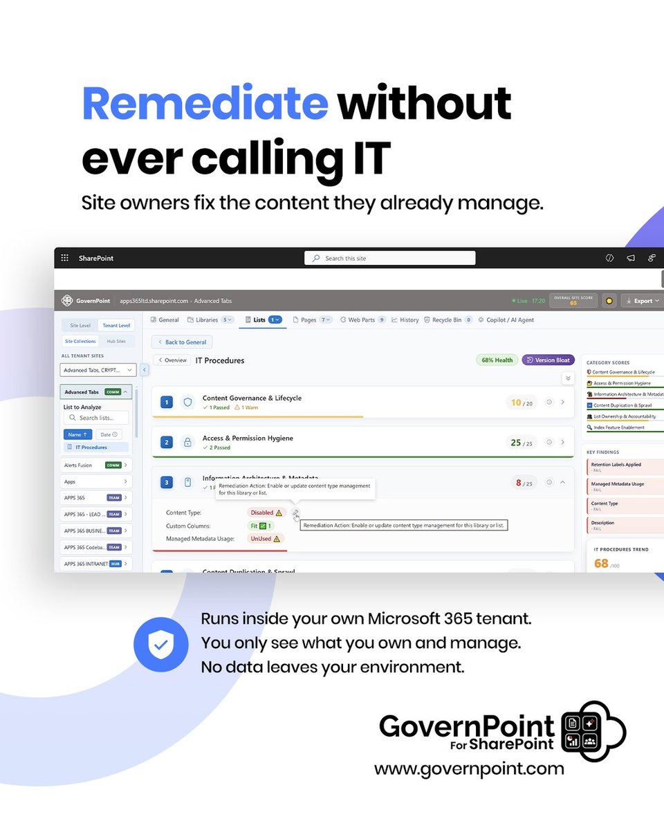 apps365ltd's tweet photo. Six governance scores at a glance - lifecycle, access, architecture, sprawl, ownership, enablement. Highest risk first so you always know what's next.
Link in bio: https://t.co/dcxj3WTVlc
#SharePoint #Microsoft365 #Copilot #ITAdmin #TechTok #GovernPoint #Apps365 https://t.co/XjhgeC4PNX