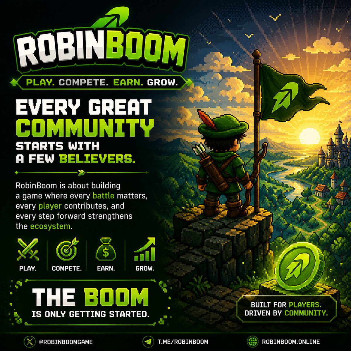 RBOOMOFFICIAL's tweet photo. Every great community starts with a few believers.

RobinBoom isn't about chasing hype.

It's about building a game where every battle matters, every player contributes, and every step forward strengthens the ecosystem.

Play.
Compete.
Earn.
Grow.

The BOOM is only getting started. 🏹💚