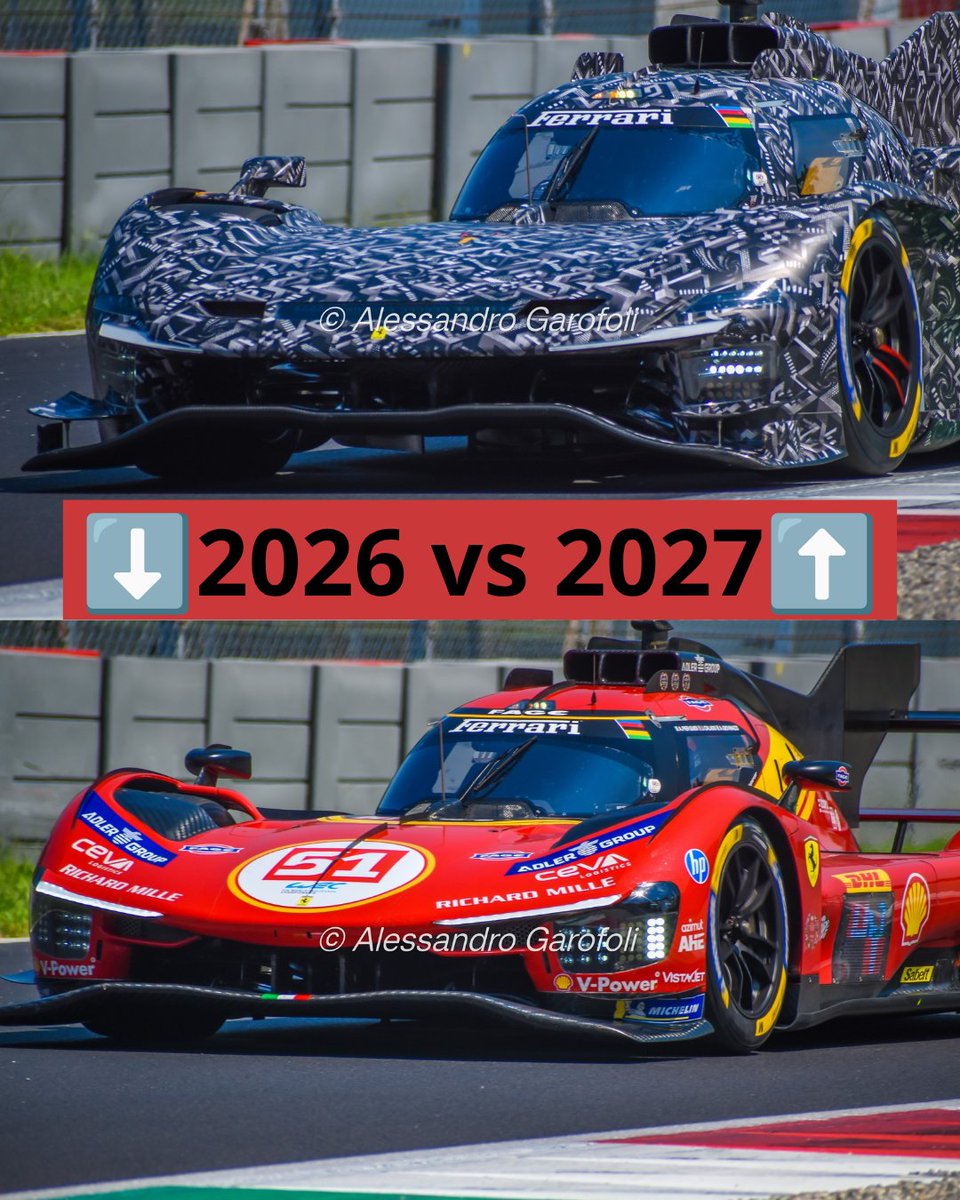 followPitCrew's tweet photo. 499p 2026 and 2027 comparison
In the 2027 version you can notice various updates such as a much higher profile in the entry area of the bottom and a flatter bonnet compared to the 2026 version
The air intakes, I think for the brakes, higher up
#WEC #Ferrari499p #ferraritest https://t.co/gJC0Wqm93y