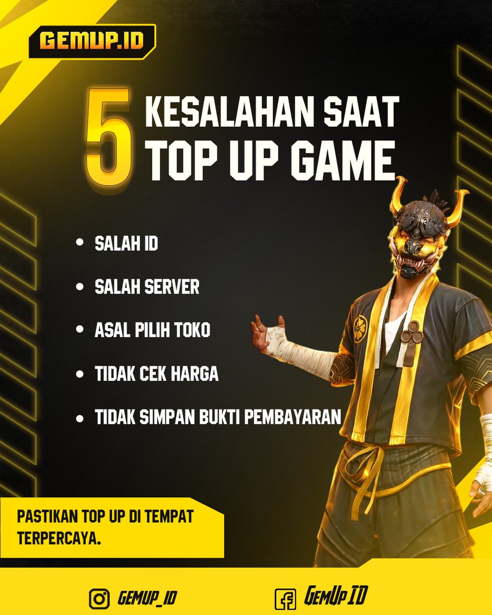 gemup_id's tweet photo. 5 Kesalahan Saat Top Up Game
Jangan sampai salah saat top up!
❌ Salah ID
❌ Salah server
❌ Asal pilih toko
❌ Tidak cek harga
❌ Tidak simpan bukti pembayaran
Top up di tempat terpercaya agar transaksi lebih aman. ✅
#GemUp #TopUpGame #Gaming https://t.co/JBieReuzzb