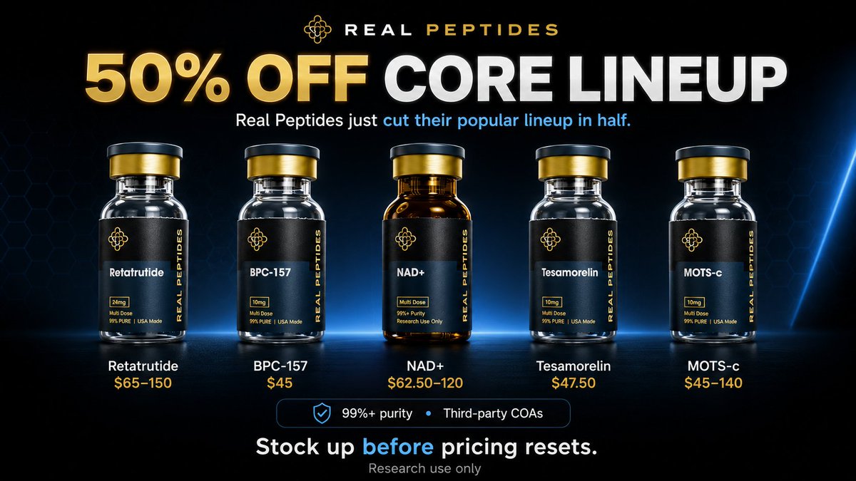 enhancedguides's tweet photo. Real Peptides Just Cut Their Whole Popular 
Lineup in Half

Not a small clearance sale — this is their core lineup, all at 50% off:

Retatrutide — triple receptor GLP-1/GIP/glucagon, the fat loss compound everyone's asking about ($65-150)

BPC-157 — the healing baseline, gut + tissue repair ($45)

NAD+ — mitochondrial energy, the one people run year-round ($62.50-120)

Tesamorelin — only FDA-approved GHRH peptide on the market ($47.50)

MOTS-c — mitochondrial signaling, aging/metabolism angle ($45-140)

Real Peptides has built a name on 99%+ purity and third-party COAs, so this is a good window to stock up before pricing resets.

Here:  https://t.co/iKsQLOyYqW

Research use only.