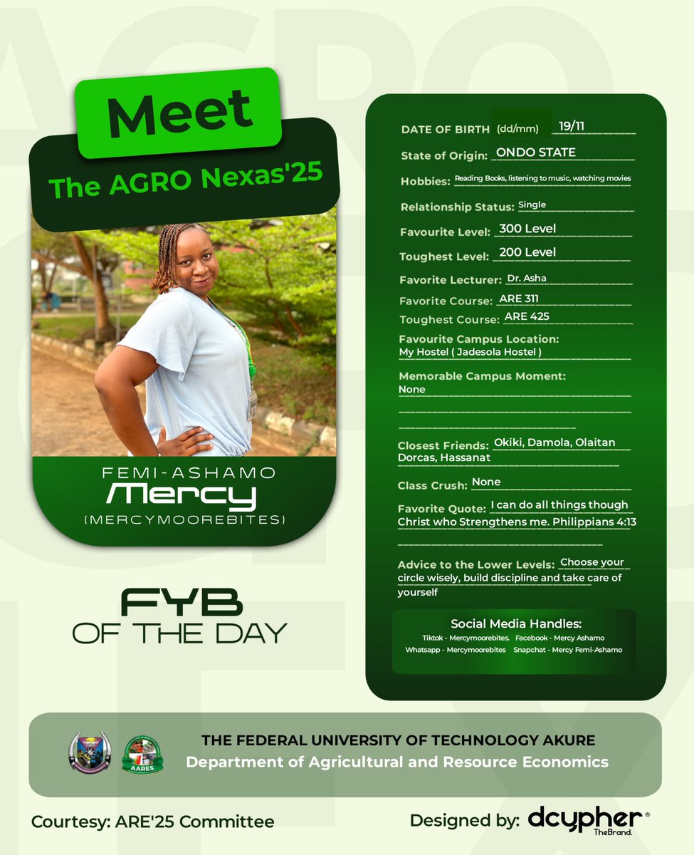 AgroNexa's tweet photo. “You served well. You represented us with dignity. You made a difference. For that, you deserve every appreciation and every celebration.”

Meet our FYB of the day #FYB 😍: Femi Ashamo Mercy https://t.co/V4zQnGXt79