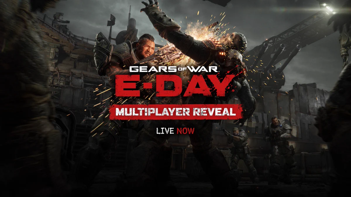 Image of Tai Kaliso attacking a lotus. Text Reads " Gears of War: E-Day Multiplayer Reveal. Live Now"