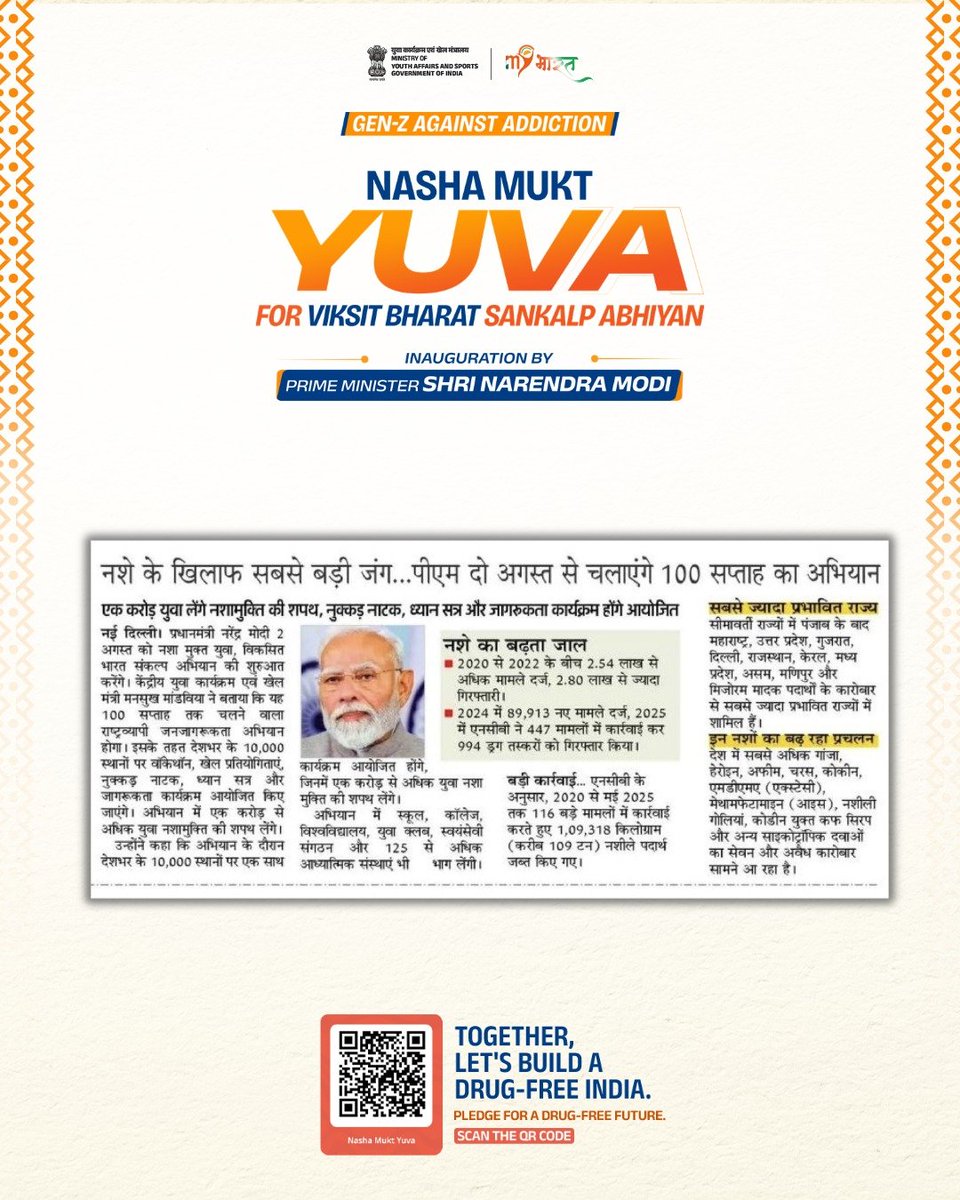 YASMinistry's tweet photo. When an entire nation echoes one message, it becomes a movement. 🇮🇳

Across the nation, one message resonates loud and clear: Say No to Drugs. Say Yes to Dreams. ✨
Take your pledge on the MY Bharat Portal, join the Nasha Mukt Yuva for Viksit Bharat movement, and inspire others to strengthen India's 1 Crore+ pledge movement.

📲 Visit the https://t.co/VlMlhFJXak to take the pledge.

#MYBharat #NashaMuktYuva4ViksitBharat