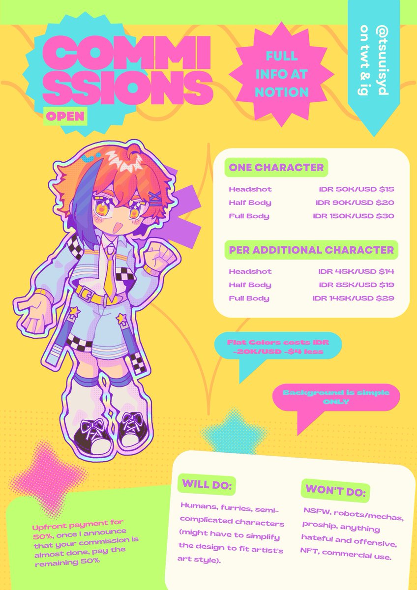 tsuuisyd's tweet photo. OPEN COMMISSIONS ✨

I want to support my family's economy through commissions. You can just dm me if interested or have any questions :D

notion link: https://t.co/QHhkDZbtgx

likes and retweets are appreciated!!

#commissions #opencommissions #zonauang #zonajajan #artidn https://t.co/x5pcgbbkQI