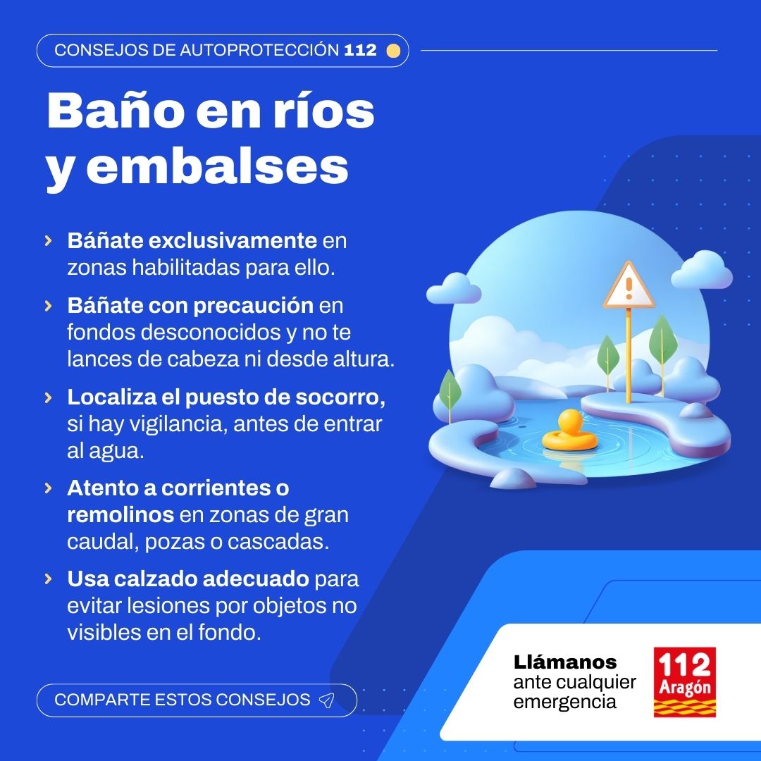 112Aragon's tweet photo. 🏊♂️ 🛟 Disfruta del #baño con precaución y atendiendo las normas básicas.
Te recordamos algunos #Consejos112 para refrescarte y pasar un buen rato en enclaves naturales.
Y recuerda, en caso de #emergencia: 📲1⃣1⃣2⃣ https://t.co/q9MJ53iFje