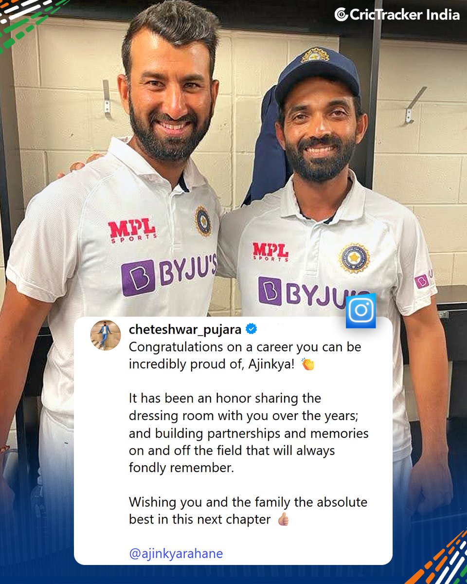 Cricketracker's tweet photo. The cricketing world comes together to honour Ajinkya Rahane as he bids farewell to the game. 🗣️

From teammates and opponents to legends of the sport, heartfelt tributes pour in for one of India’s finest red-ball warriors. 🇮🇳👏

#AjinkyaRahane #ThankYouJinks #TeamIndia #Cricket #CricTracker