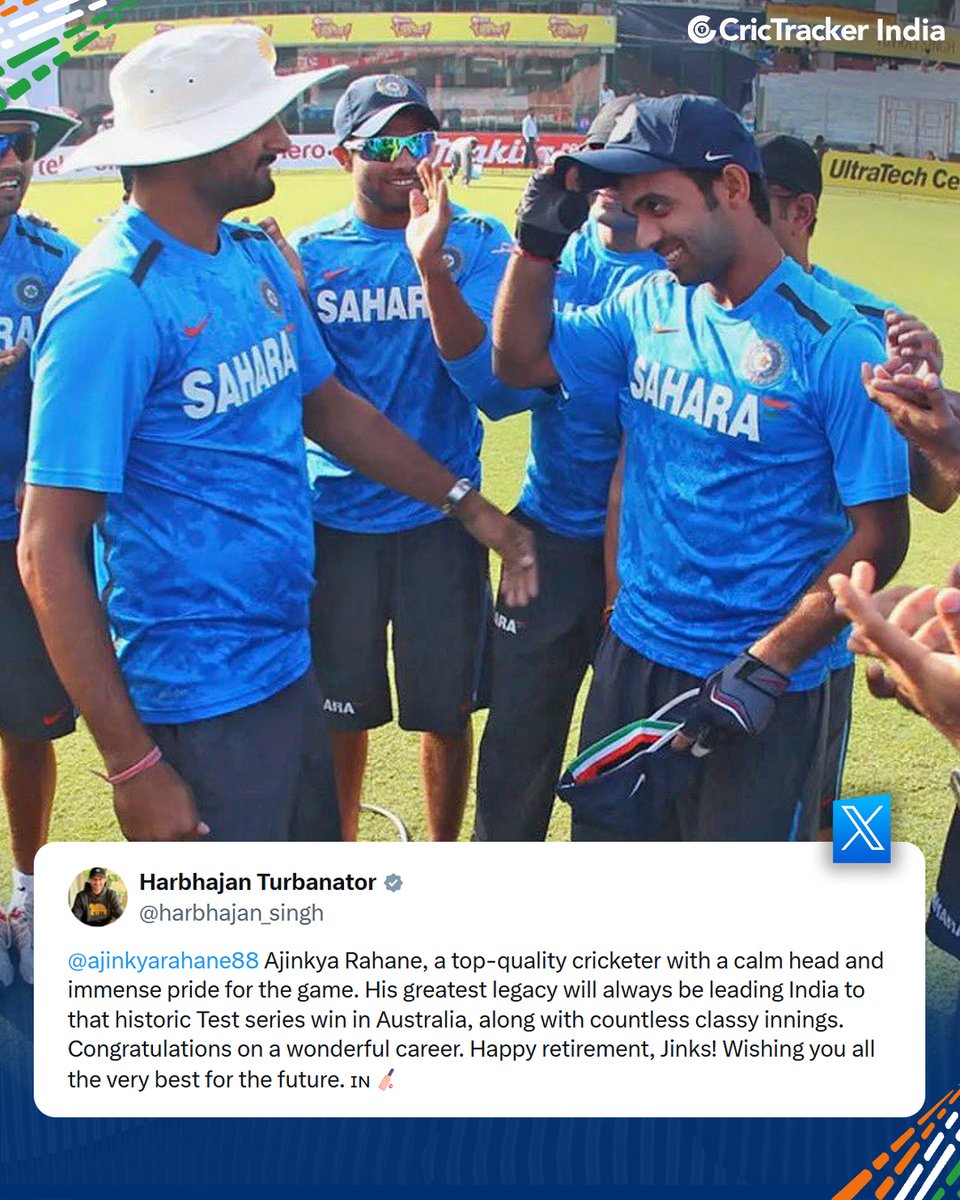 Cricketracker's tweet photo. The cricketing world comes together to honour Ajinkya Rahane as he bids farewell to the game. 🗣️

From teammates and opponents to legends of the sport, heartfelt tributes pour in for one of India’s finest red-ball warriors. 🇮🇳👏

#AjinkyaRahane #ThankYouJinks #TeamIndia #Cricket #CricTracker