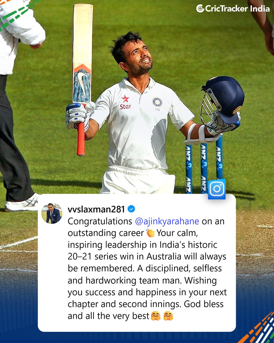 Cricketracker's tweet photo. The cricketing world comes together to honour Ajinkya Rahane as he bids farewell to the game. 🗣️

From teammates and opponents to legends of the sport, heartfelt tributes pour in for one of India’s finest red-ball warriors. 🇮🇳👏

#AjinkyaRahane #ThankYouJinks #TeamIndia #Cricket #CricTracker