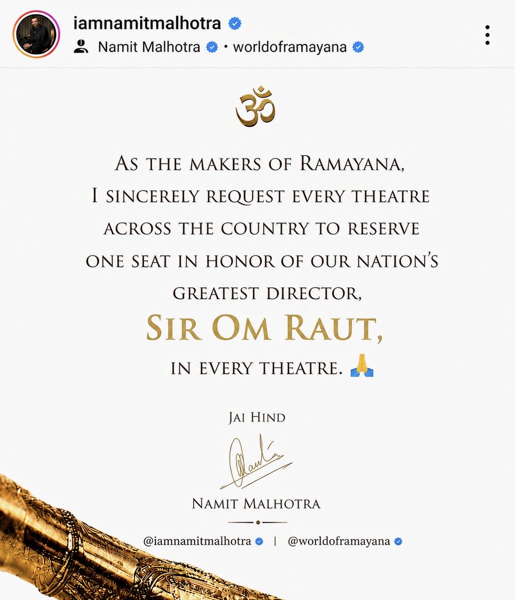 Amara__Don's tweet photo. Namit Malhotra has ordered every theatre to keep one seat reserved for Sir Om Raut😭
#Ramayana https://t.co/QGdfZpcrct