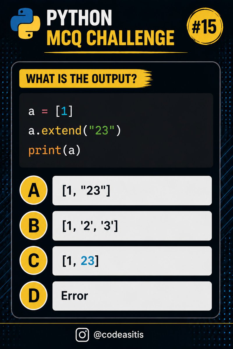 CodeAsItIs1's tweet photo. python coding challenge #15

Test your python knowledge 

#python
#pythonquiz https://t.co/exS6DSlWUd